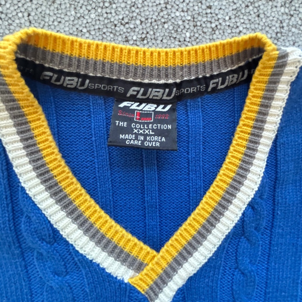 FUBU Sweater Vest Mens XXXL Blue Cable Knit V-Neck Striped VTG Tennis Golf - Picture 5 of 10